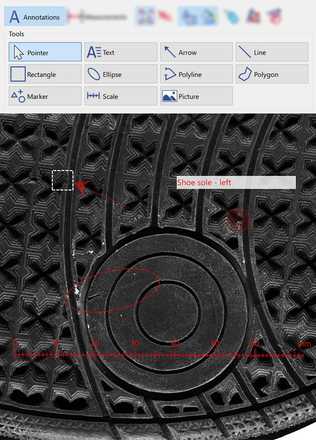Shoe sole with various annotations. Annotations are saved in a separate layer and can be turned on/off. image