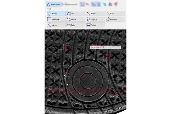 Shoe sole with various annotations. Annotations are saved in a separate layer and can be turned on/off. image