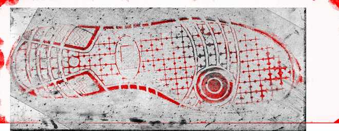 Recolored test shoeprint in special transparency mode for gelatin foils. Images captured by LUCIA TrasoScan - dedicated system for shoeprint scanning and comparison. image