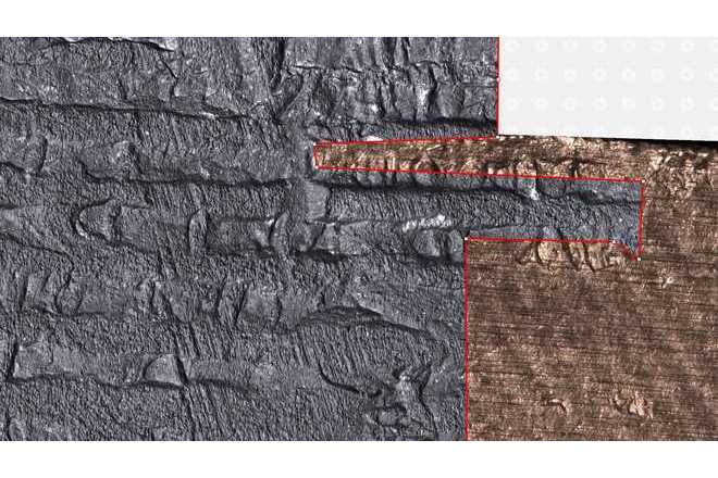 Toolmarks compared in side by side comparison with polygonal split line. Images captured by LUCIA ToolScan R360 - dedicated system for tool marks scanning and comparison. image