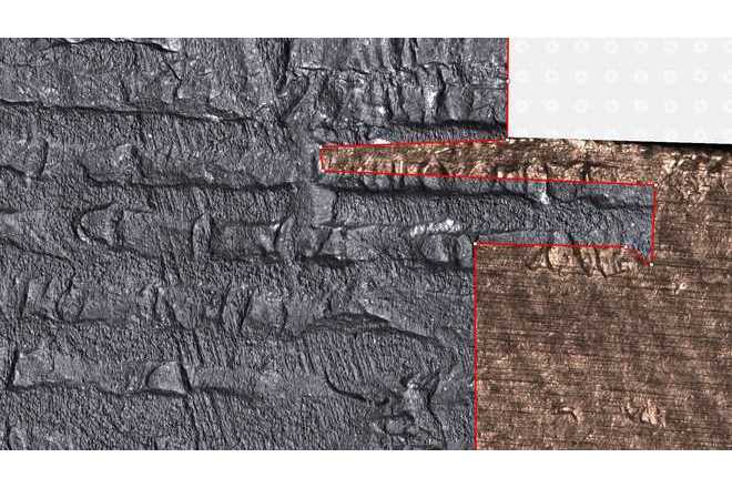 Werkzeugspurenvergleich mit der polygonalen Trennlinie. Mit LUCIA ToolScan R360 eingescannte Bilder - spezielles System zum Scannen und Vergleichen von Werkzeugspuren. image