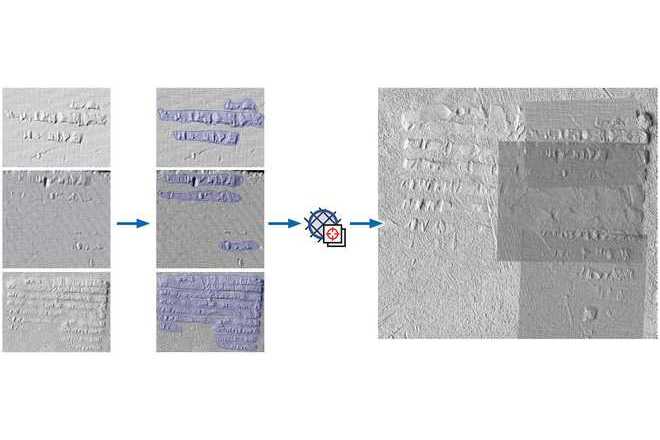 Gescannte Originalbilder (links). Definierte Werkzeugspurenbereiche (Mitte). Nach dem automatischen Abgleich nach Eindruckspuren richtet die Software die Bilder automatisch aus - z. B. im Freie Anordnung (rechts). image