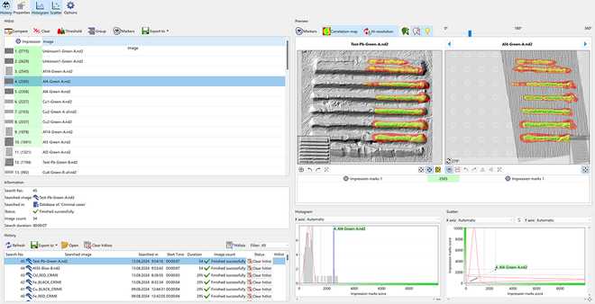 Hit list of candidates based on the calculated correlation score (top left). Candidate information from the database (middle left). Database search history (bottom left). Comparison preview with similarity map (top right). Statistical data on the hit list (bottom right). image