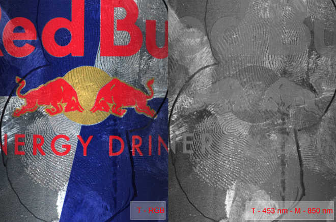 Fingerprint on a can processed with Cyanoacrylate – Top RGB and subtraction of top 457 nm and middle 850 nm. image